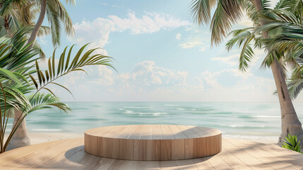 Summer product display on wooden podium at sea tropical beach. 