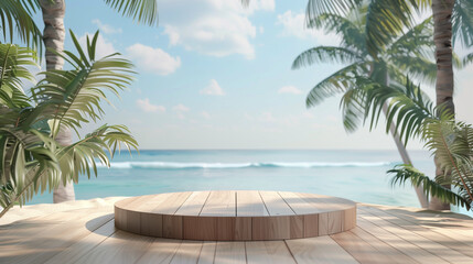 Fototapeta premium Summer product display on wooden podium at sea tropical beach. 