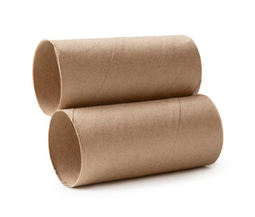 Side view of brown tissue paper cores in stack isolated on white background with clipping path