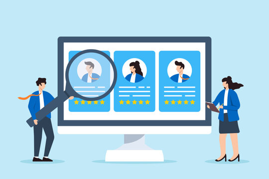 Recruiter reviewing candidate profiles through digital screen concept modern recruitment technology in hiring virtual employee evaluation online screening