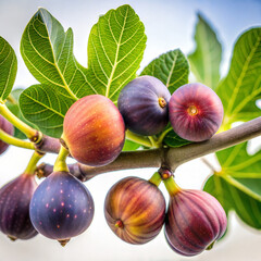 Ripe Figs on a Branch with Green Leaves