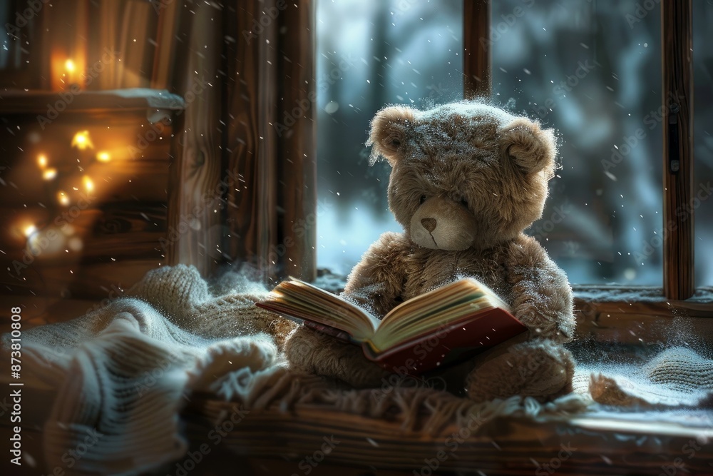 Sticker plush teddy bear sits by a snowy window, reading a book, with a warm, ambient light setting