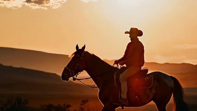 cowboy on horse with sunset landscape	