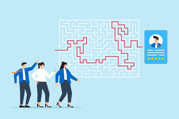 Business team navigating maze with candidate profiles complex recruitment process finding right path strategic hiring overcoming challenges