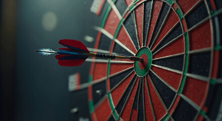 Close-up of a dart hitting the bullseye on a dartboard, showcasing accuracy and precision. 
