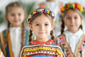Children in traditional clothes attending an international class, global education, cultural representation
