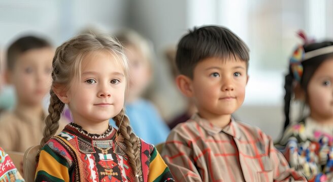 Children in traditional clothes attending an international class, global education, cultural representation