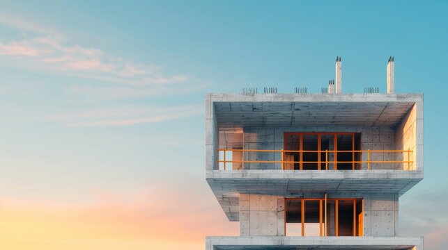 Contemporary house in mid-construction, highlighting architectural techniques and materials, detailed view of framework and development process