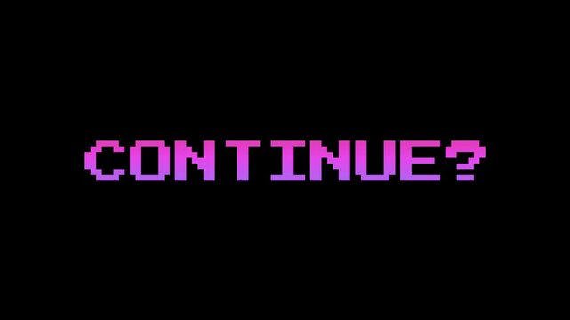 Single line &ldquo;Continue?&rdquo; in a Purple gradient, rotating and shaking gently. White, Black, and Green Chroma Key bg. Ideal for video games, online ads, and design. Retro 8-bit game aesthetic.