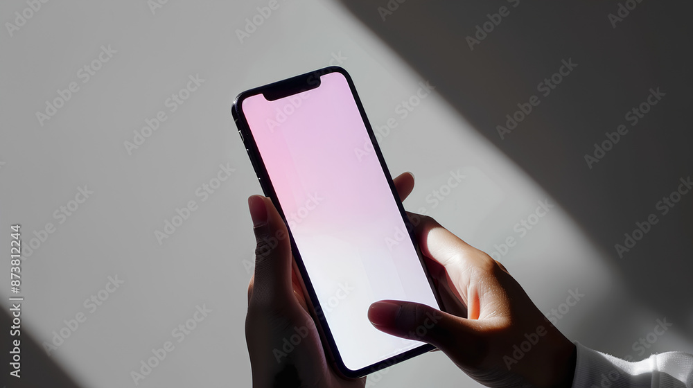 Poster hands hold mobile phone screen mockup smartphone display mock up isolated on white