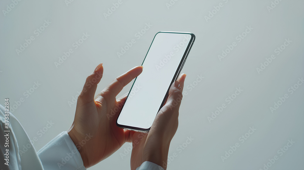 Poster hands hold mobile phone screen mockup smartphone display mock up isolated on white