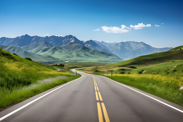 Naklejka premium Open Road Adventure: An Inviting Asphalt Road to The Horizon Between Mountains and Blue Sky