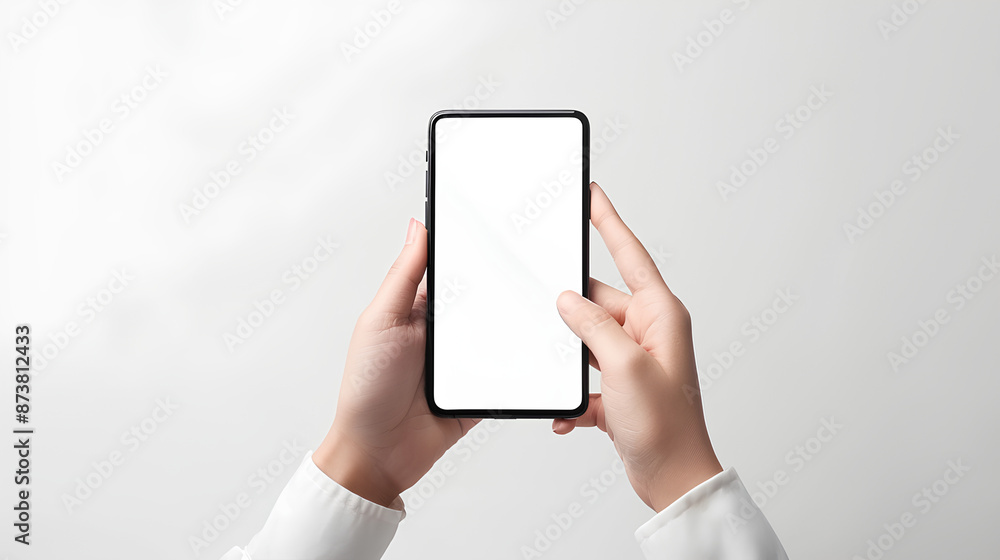 Poster hands hold mobile phone screen mockup smartphone display mock up isolated on white