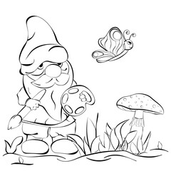 Vector illustration of dwarf, amanita mushroom and butterfly as coloring page for children elementary age. Black white lines.