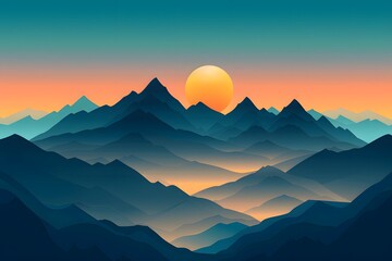 Naklejka premium A minimalist flat design illustration of a mountain range with sharp, triangular peaks, a single sun in the sky, and a gradient from deep blue to orange at the horizon