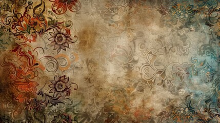 A vintage fabric background with intricate embroidery patterns and faded colors.