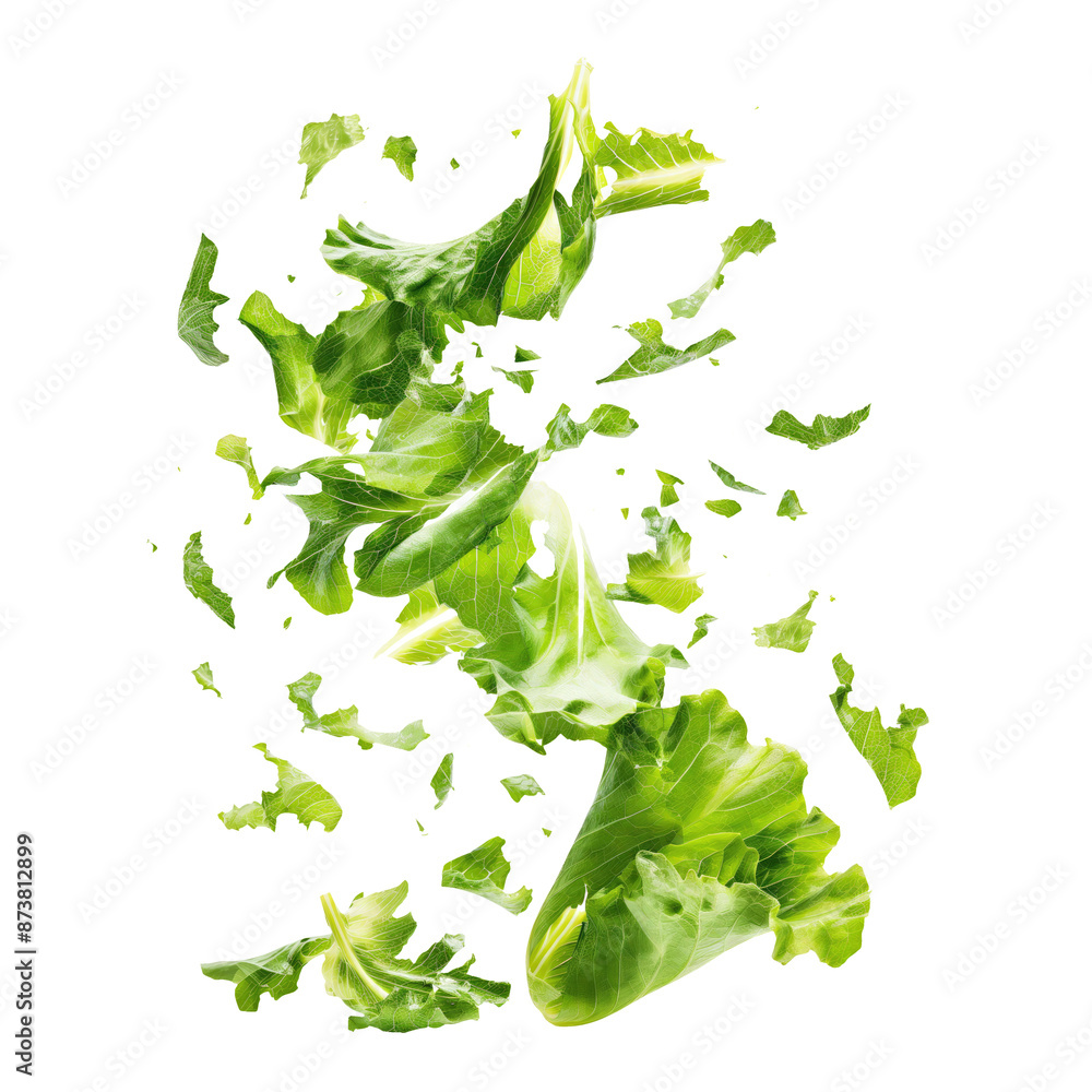 Wall mural Falling fresh green lettuce salad leaves isolated on transparent white background, clipping path