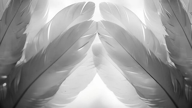 A symmetrical composition of monochrome feathers evokes a sense of balance and harmony. Black and white art