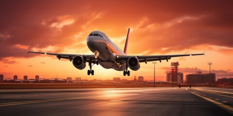 Fototapeta premium Airplane Taking Off at Sunset