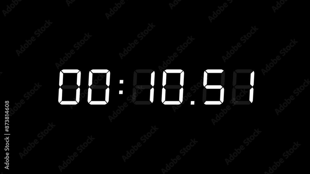 Poster 6 digits matte white digital countdown timer starting at 00:15:00 (15 seconds) on black background, 