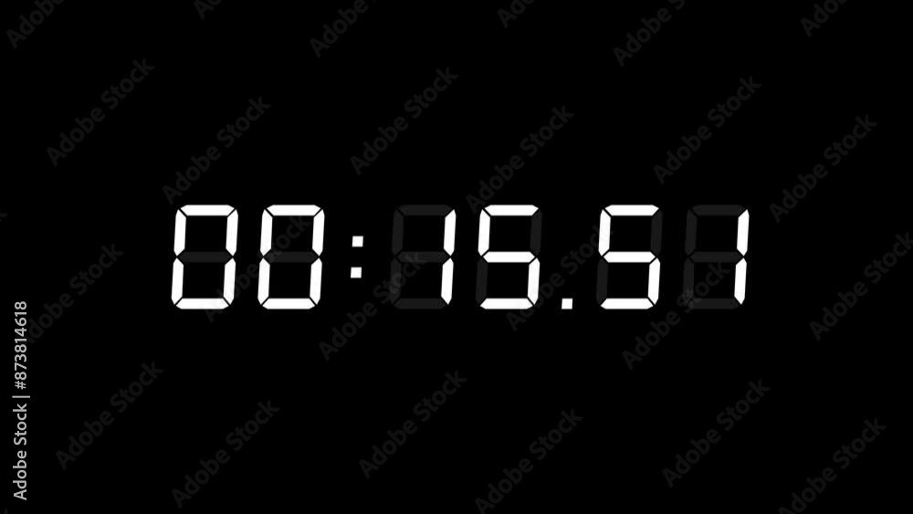 Poster 6 digits matte white digital countdown timer starting at 00:20:00 (20 seconds) on black background, 