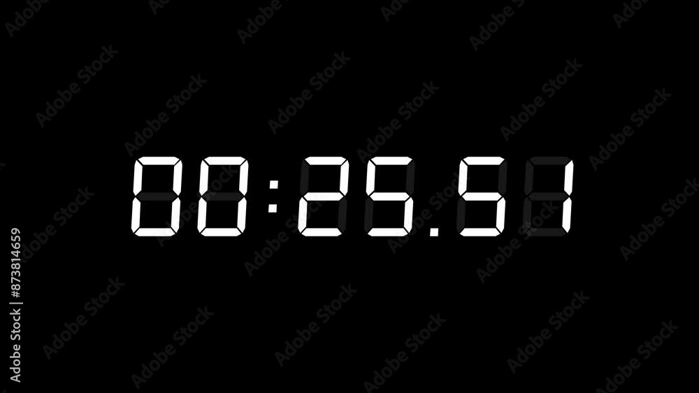 Poster 6 digits matte white digital countdown timer starting at 00:30:00 (30 seconds) on black background, 