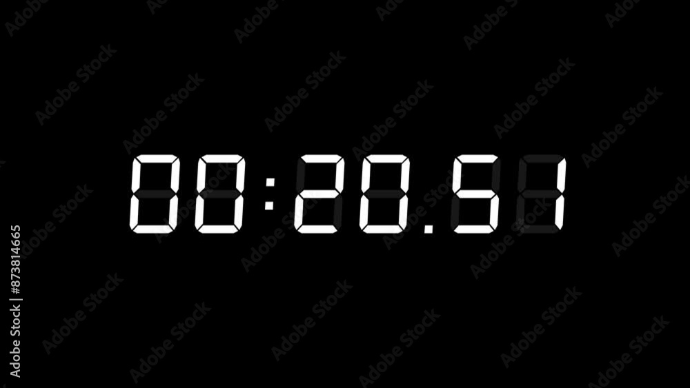 Poster 6 digits matte white digital countdown timer starting at 00:25:00 (25 seconds) on black background, 