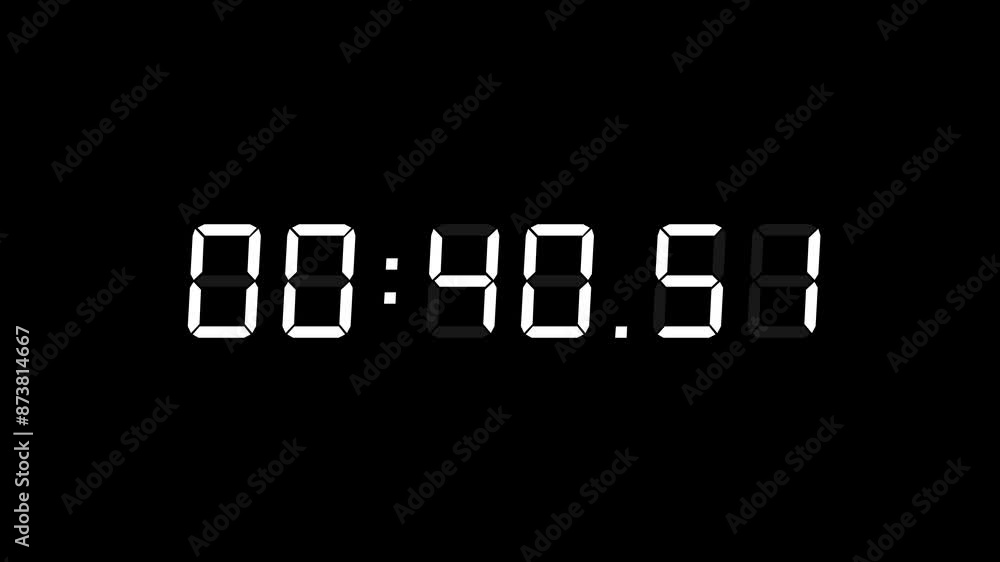 Poster 6 digits matte white digital countdown timer starting at 00:45:00 (45 seconds) on black background, 