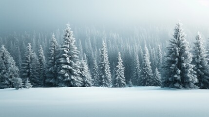 Naklejka premium Snow-Covered Evergreen Forest in a Winter Wonderland with Falling Snowflakes Perfect for Seasonal Holiday Themes and Nature Backgrounds