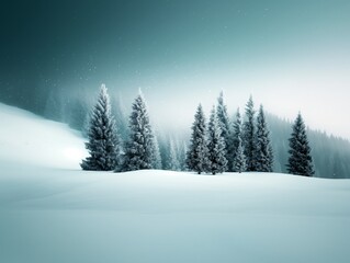 Naklejka premium Snow-Covered Evergreen Forest in a Winter Wonderland with Falling Snowflakes, Seasonal Holiday