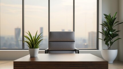 Fototapeta premium Executive office suite with modern furnishings, large windows with city views, and a businessperson receiving VIP client in a professional setting