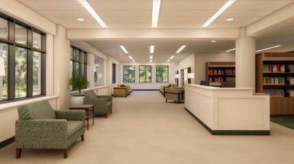 Help desk in a contemporary library, with approachable staff, cozy seating areas, and a calm, inviting ambiance for patrons