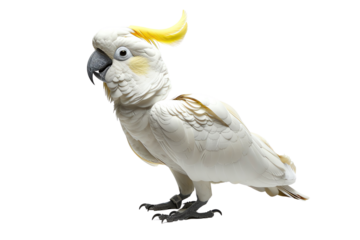 Close-up of a white cockatoo with a yellow crest isolated on a white background, showcasing its intricate feather details and expressive eyes