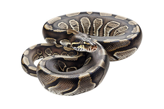 Close-up of a coiled ball python with intricate patterns on its scales, isolated on a white background.