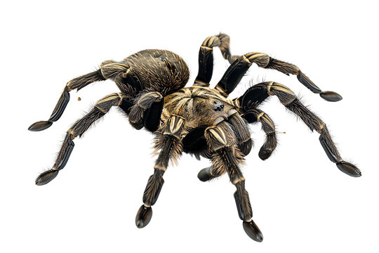 Close-up of a tarantula spider isolated on a white background, showcasing its detailed anatomy and natural texture.