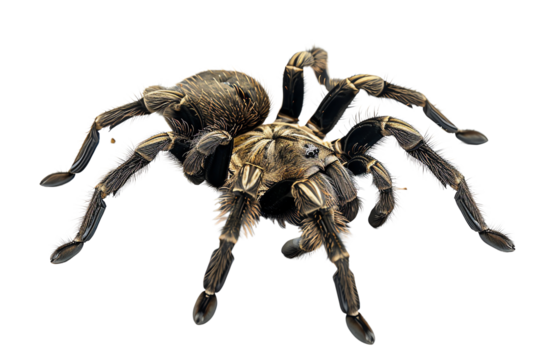 Close-up of a tarantula spider isolated on a white background, showcasing its detailed anatomy and natural texture.