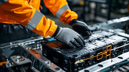 selective focus hands in the expert technician's gloves while the electric vehicle is opened Prior to repair, a used Lithium-ion automobile battery