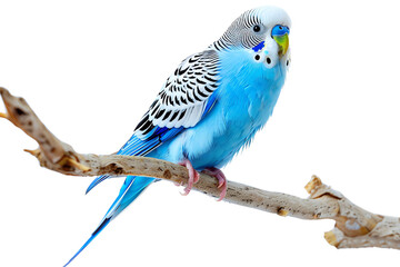 A vibrant blue budgie perched on a branch, showcasing its colorful feathers and intricate patterns against a white background.