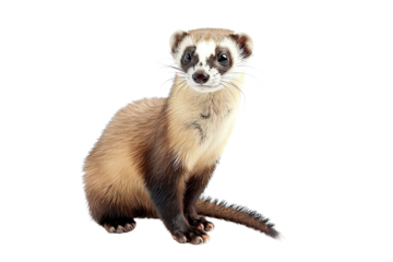 Adorable ferret sitting with white background, showcasing its brown and white fur, cute face, and curious expression. Perfect for pet lovers.