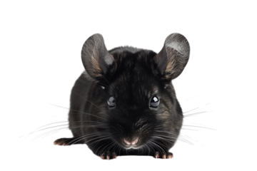 Close-up image of a cute black chinchilla sitting still, isolated on white background. Perfect for animal and pet-centric projects.