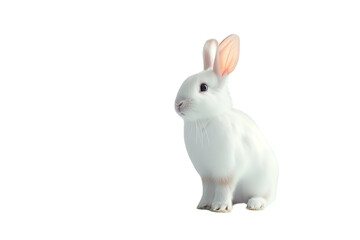 Fototapeta premium Adorable white rabbit sitting isolated on a white background, showcasing its fluffy fur and pink-tipped ears in a cute pose.