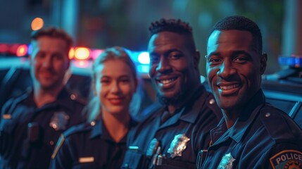 Obraz premium a diverse group of police officers, all smiling and standing together in front of a police station. The background features police cars and the station's entrance.
