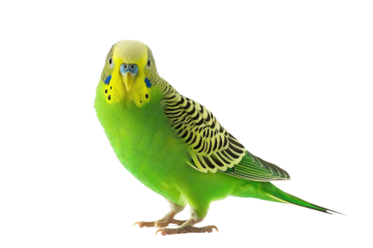 A vibrant green budgerigar perched against a white background, showcasing its colorful feathers and distinctive markings.