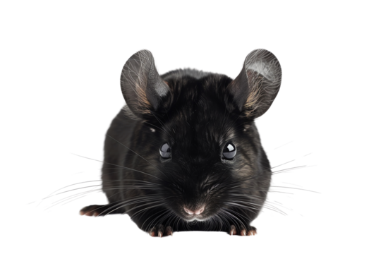 Close-up image of a cute black chinchilla sitting still, isolated on white background. Perfect for animal and pet-centric projects.