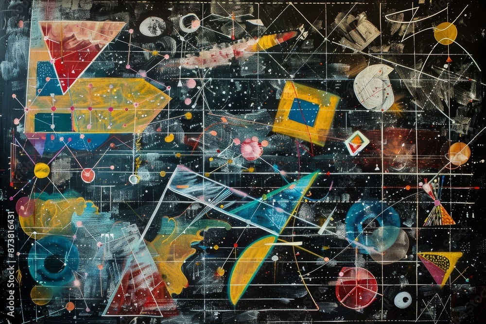 Poster varied objects on a blackboard, an abstract interpretation of a blackboard filled with dynamic geome