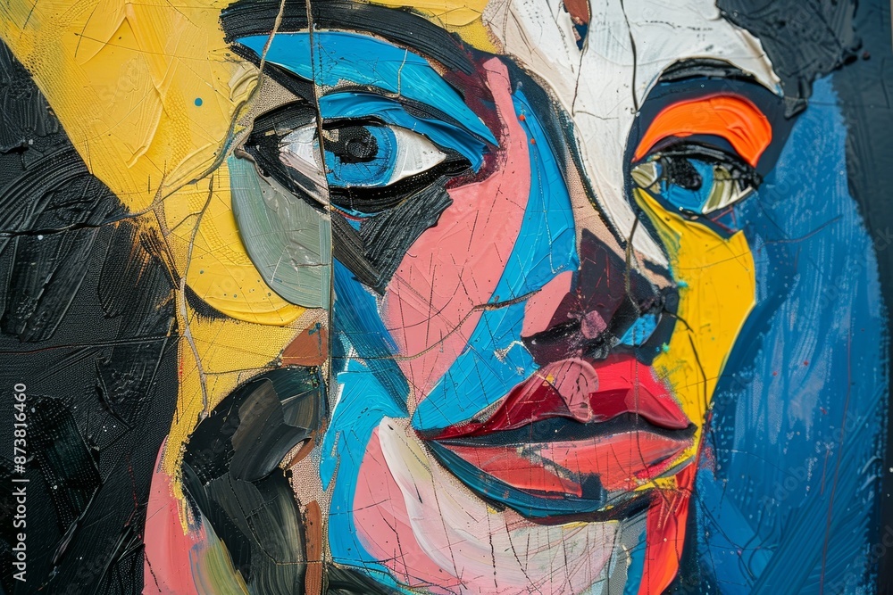 Aufkleber detailed close-up view of a painted portrait showcasing a womans facial features, an abstract interp