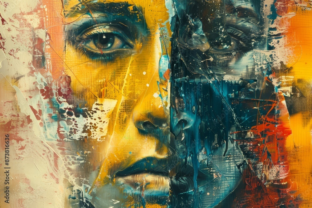 Poster a painting showcasing a womans face in vibrant colors, offering a unique and abstract interpretation