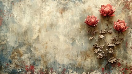 A vintage fabric background with intricate embroidery patterns and faded colors.