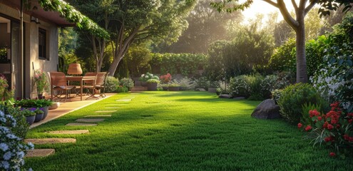 Fototapeta premium Sunny Morning Patio and Lush Green Backyard Landscape