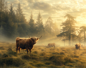 highland cattle herd on a misty morning, iconic long-haired cows grazing in a serene scottish landscape